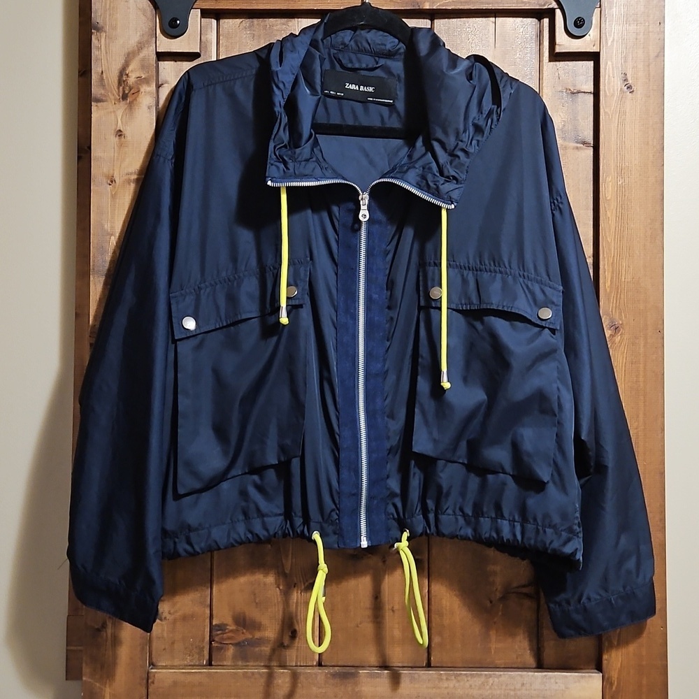 Zara Basic Blue Hooded Windbreaker Rain Jacket Large